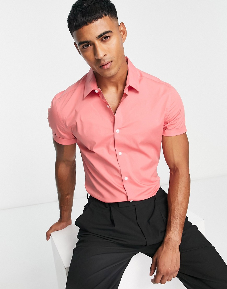 ASOS DESIGN skinny smart shirt in coral-Pink