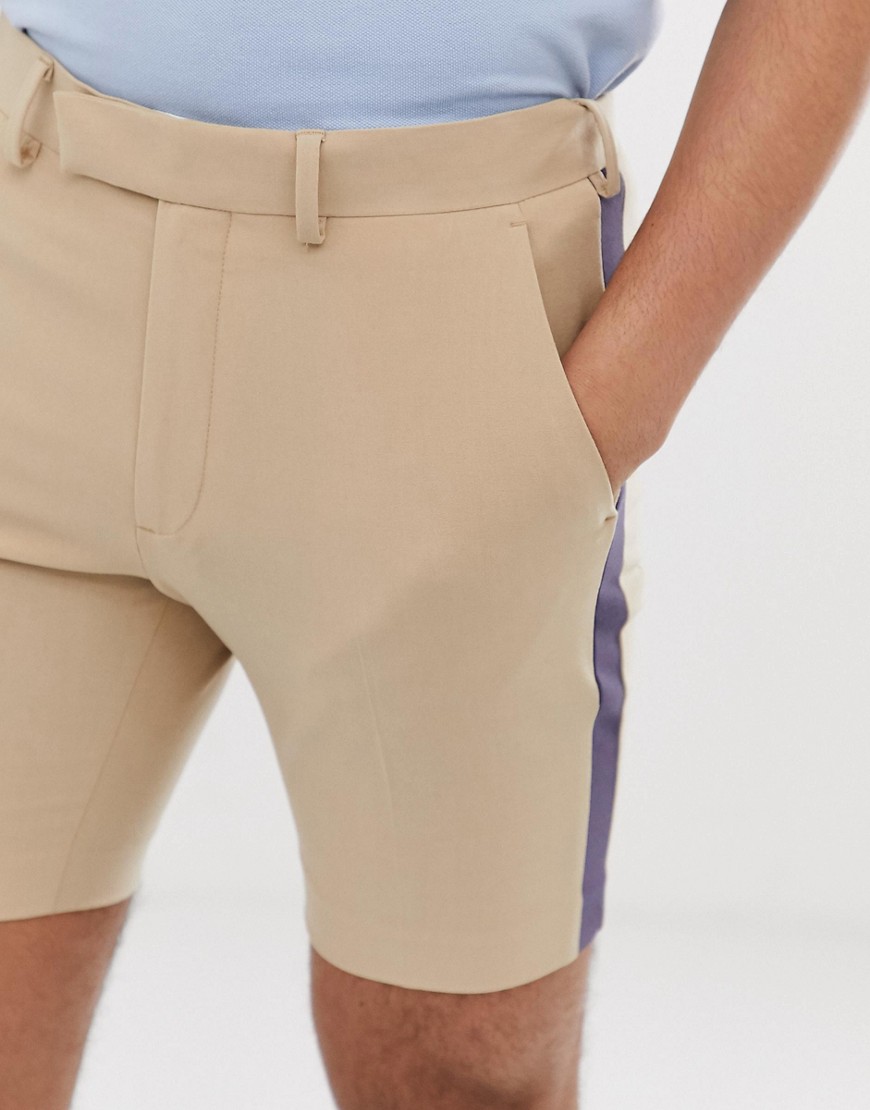 ASOS DESIGN skinny smart shorts in stone with side stripe