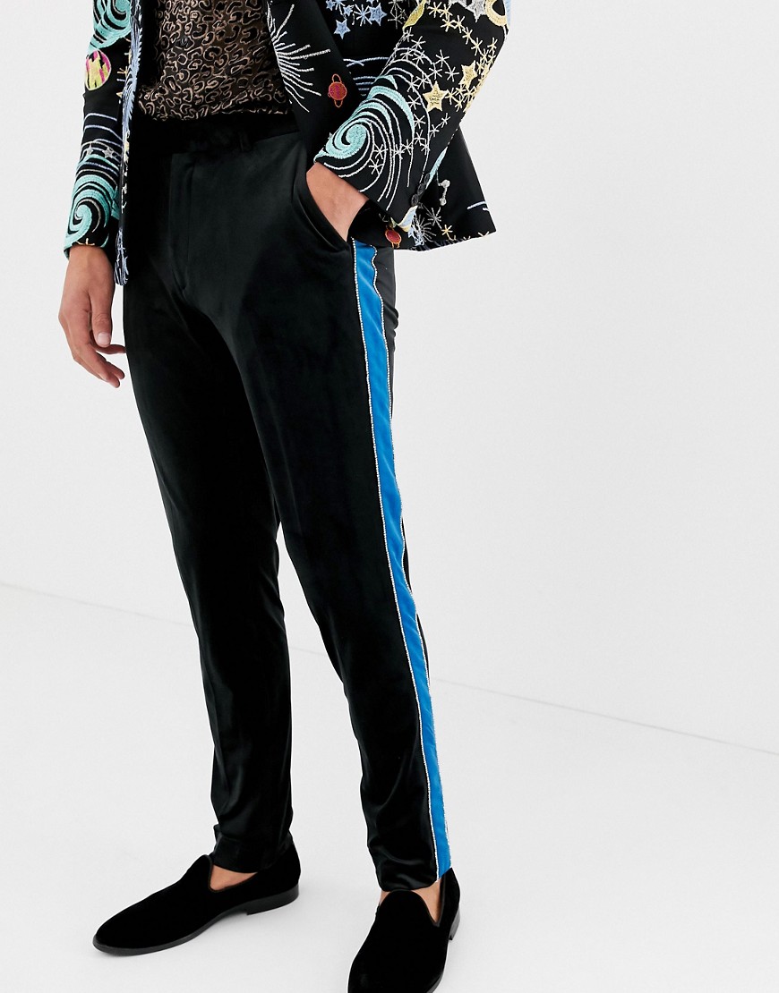 ASOS DESIGN skinny smart trouser in black velvet with blue side stripe