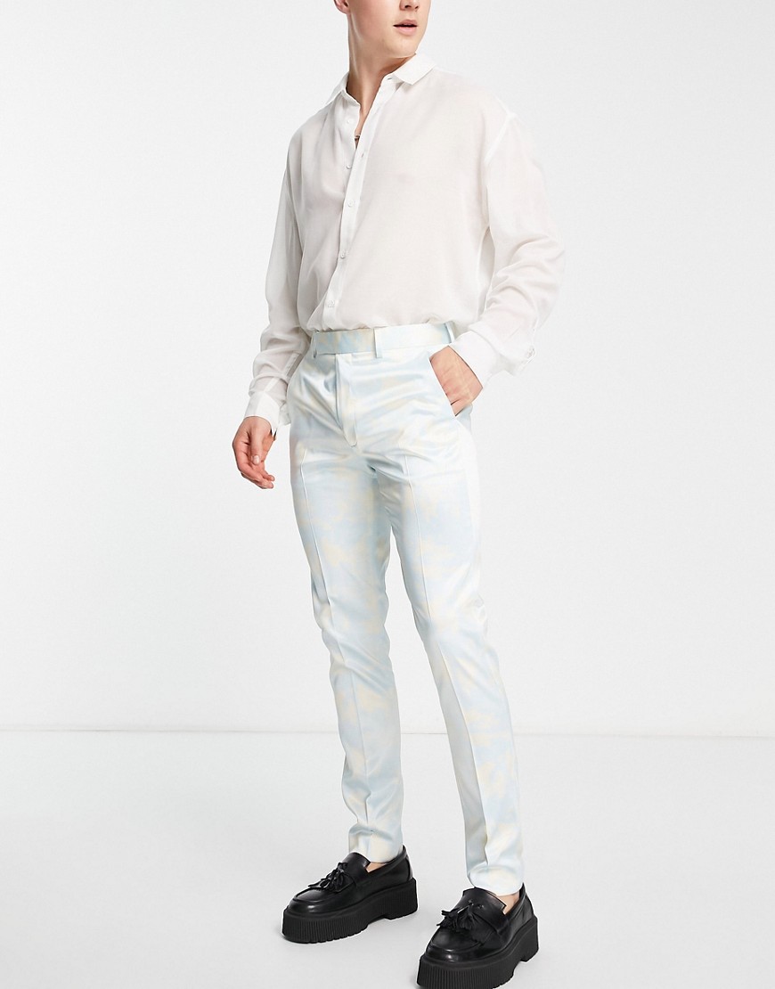 ASOS DESIGN skinny smart trouser in wave print blue satin