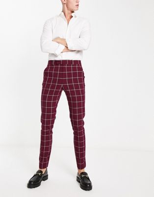 ASOS DESIGN skinny smart trousers in burgundy window pane check-Red