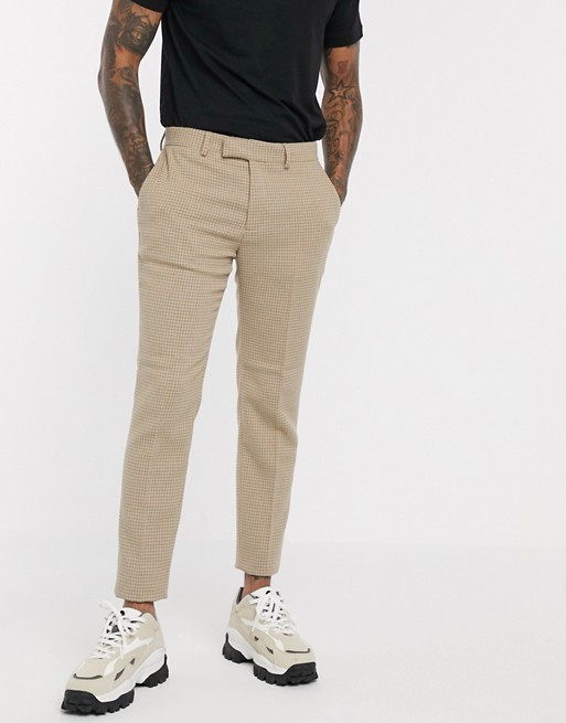 ASOS DESIGN skinny smart trousers in wool mix camel houndstooth check ...