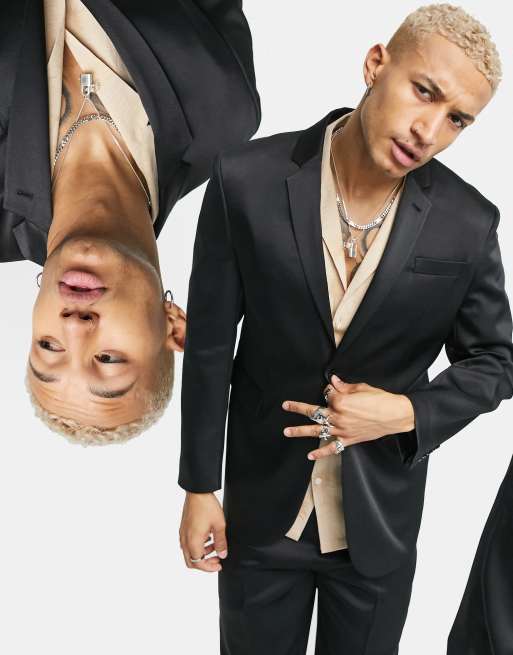 ASOS DESIGN - Skinny smoking colbert met power-schouders in hoogglans zwart