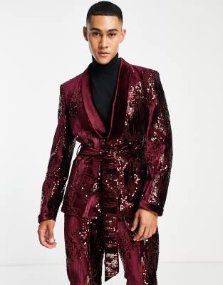 ASOS DESIGN skinny velvet smoking jacket in burgundy