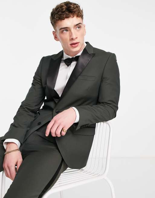 ASOS DESIGN - Skinny smokingjasje in bosgroen met zwarte revers