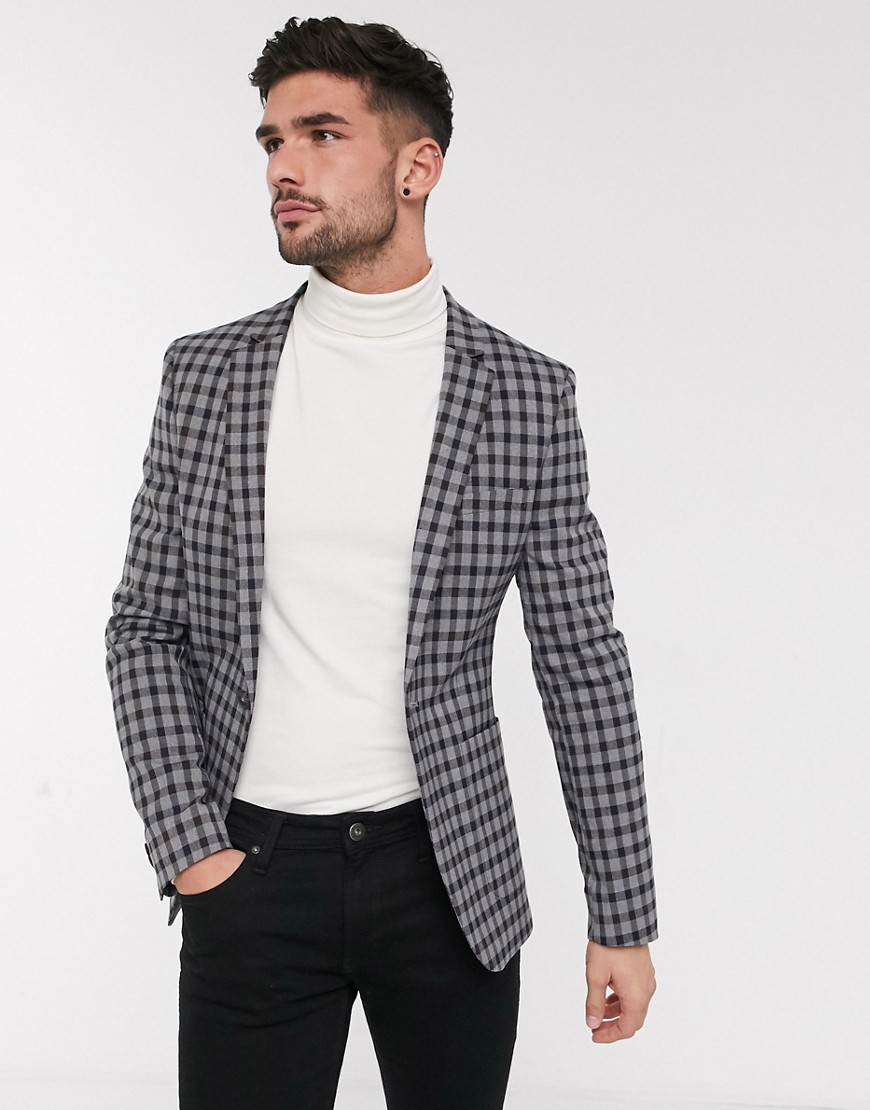 ASOS DESIGN skinny soft tailored blazer with gingham check in brown