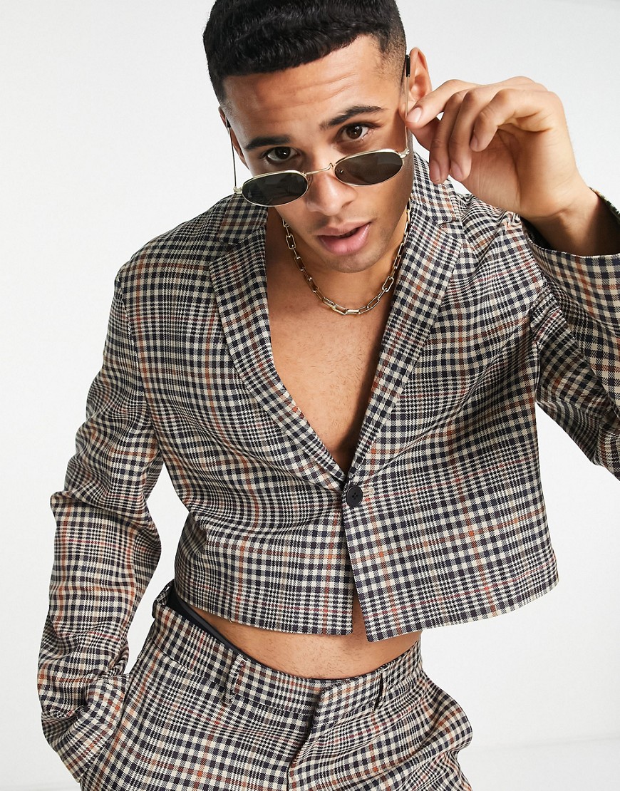 ASOS DESIGN skinny soft tailored cropped suit jacket in navy and orange check