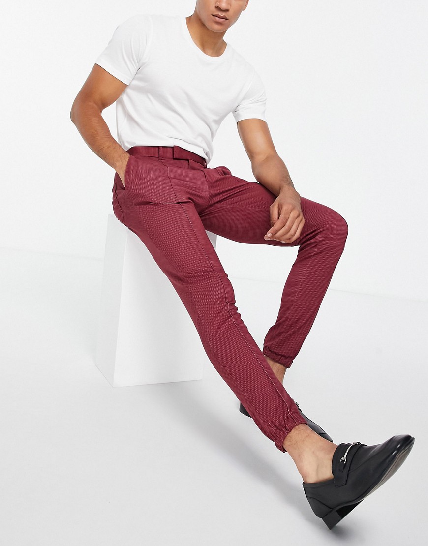 ASOS DESIGN SKINNY SOFT TAILORED SMART PANT IN BURGUNDY JERSEY WITH CUFF