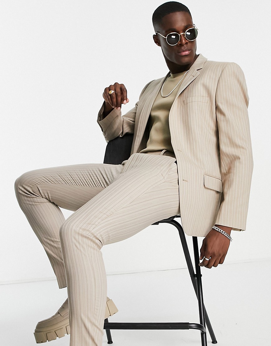 ASOS DESIGN skinny soft tailored suit jacket in brown stripe
