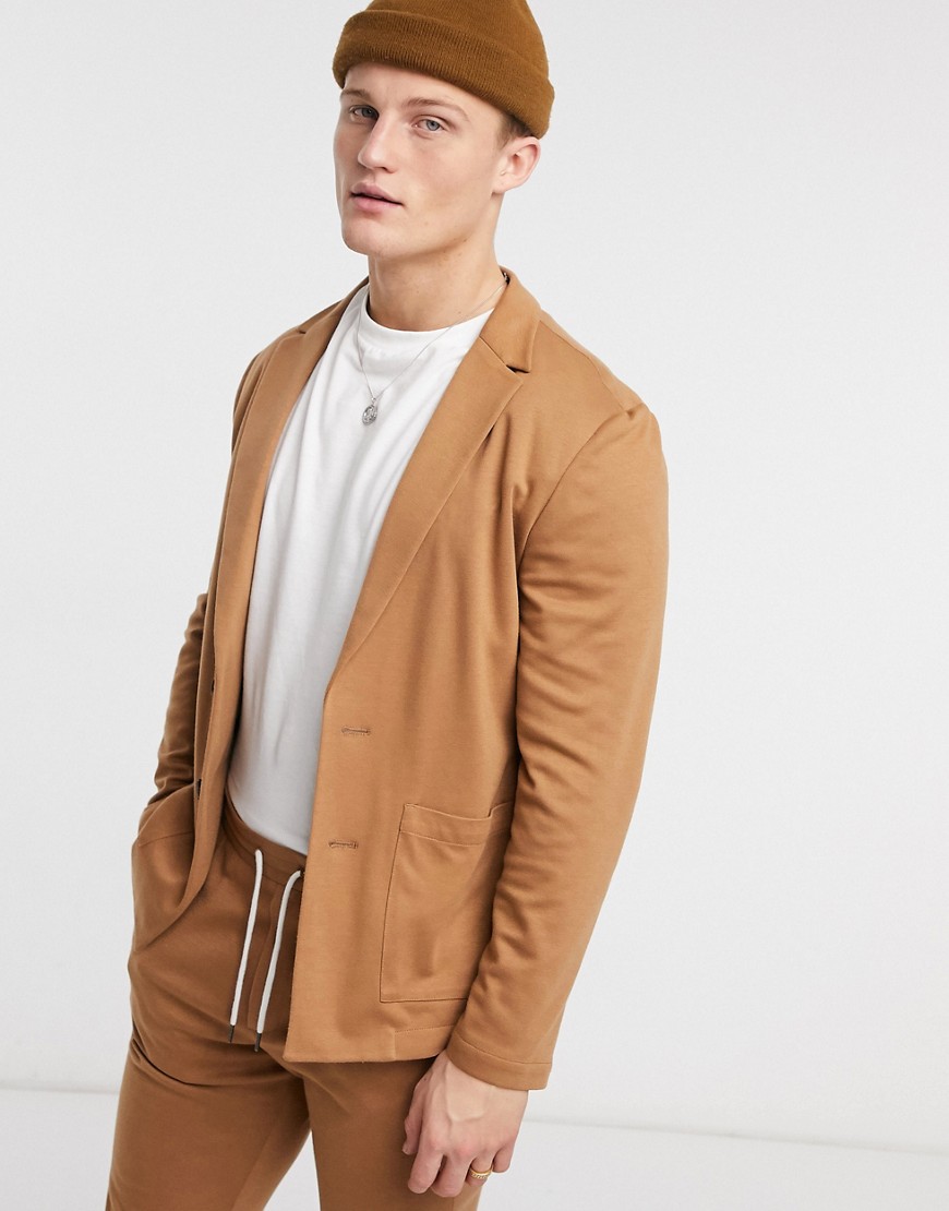 ASOS DESIGN skinny soft tailored suit jacket in jersey in tan