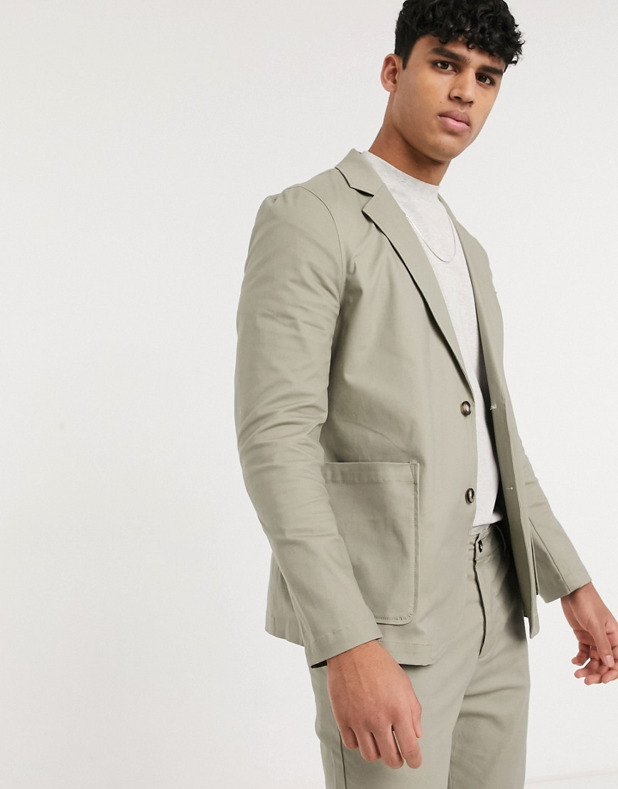 ASOS DESIGN skinny soft tailoredcotton blazer with square pockets in khaki-Green