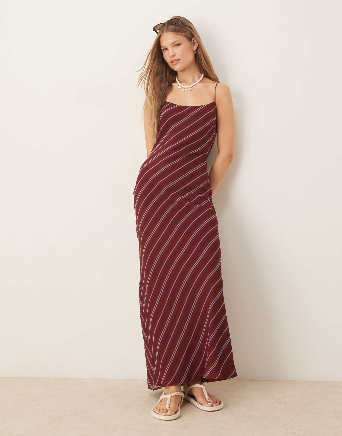 ASOS DESIGN skinny strap cowl back slip midi dress in stripe