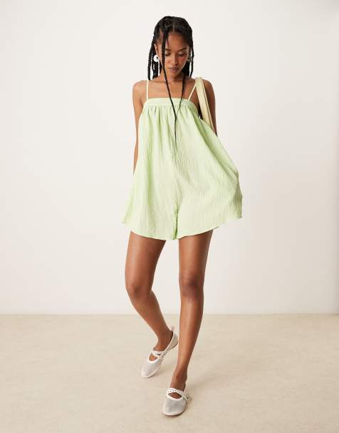 ASOS DESIGN skinny strap micro bust textured playsuit in lime - view 1