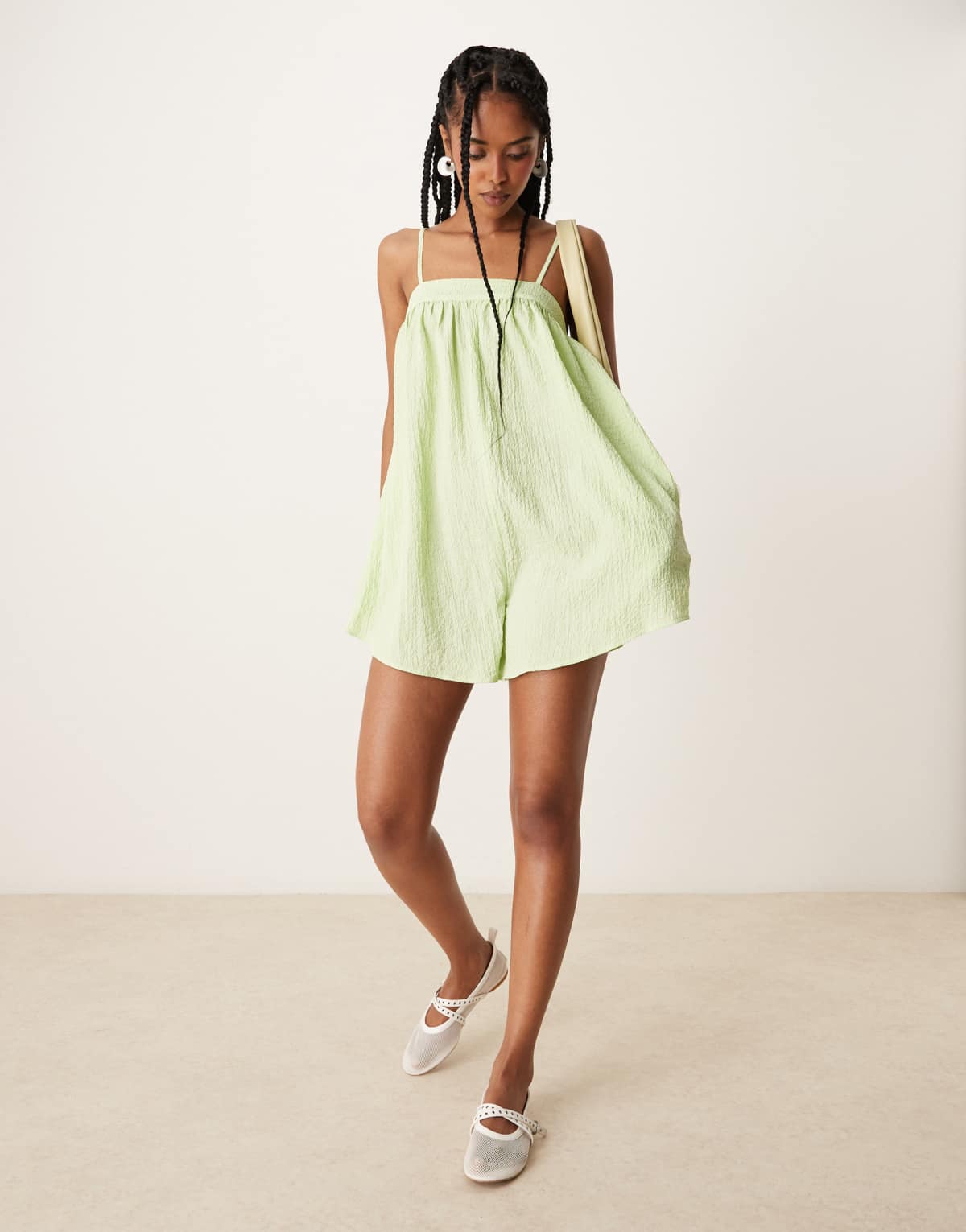 ASOS DESIGN skinny strap micro bust textured playsuit in lime