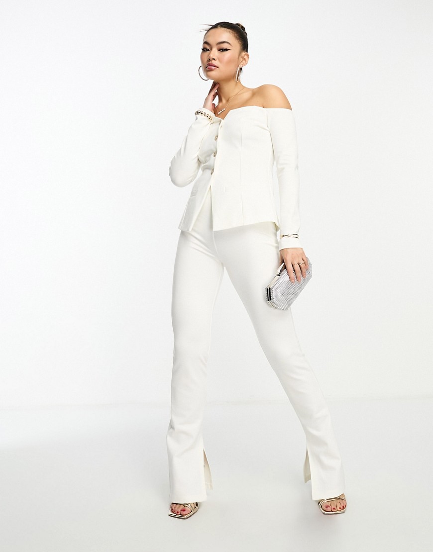 Shop Asos Design Skinny Stretch Pants With Split Hem In Cream - Part Of A Set-white