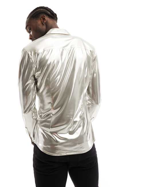 ASOS Regular Fit Silver Sequin Shirt in Metallic for Men