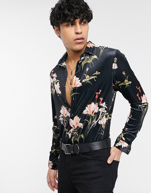 ASOS DESIGN skinny stretch velvet floral shirt in black