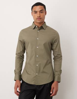 Asos Design Skinny Stretch Work Shirt In Green