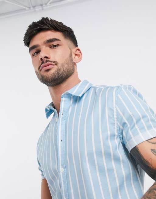 Asos Design Skinny Stripe Shirt In Blue Asos