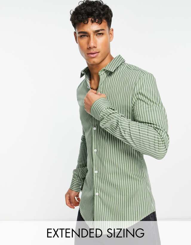 ASOS DESIGN skinny stripe shirt in dark green