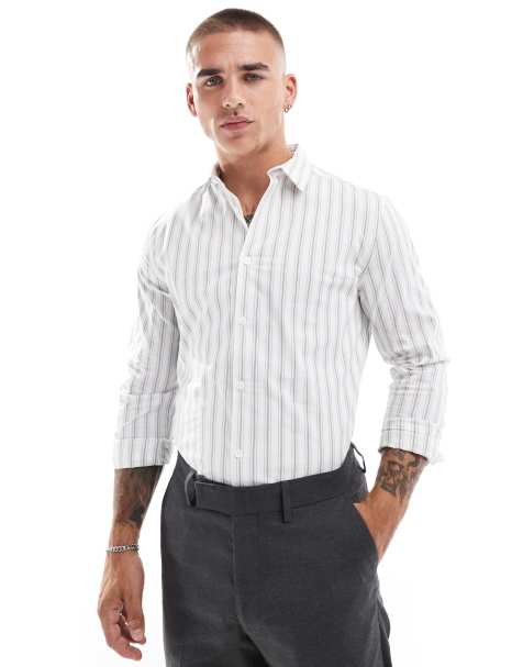 ASOS DESIGN skinny stripe shirt in white and sage - view 1