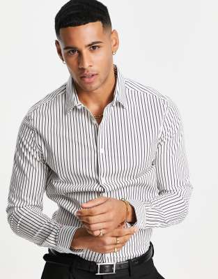 Asos Design Skinny Stripe Shirt In White & Charcoal