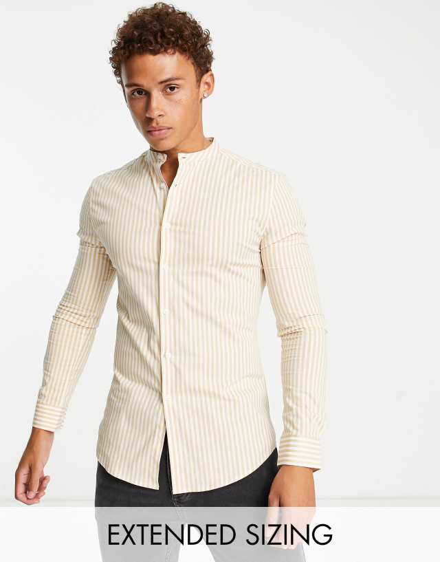 ASOS DESIGN skinny stripe shirt with band collar in tan