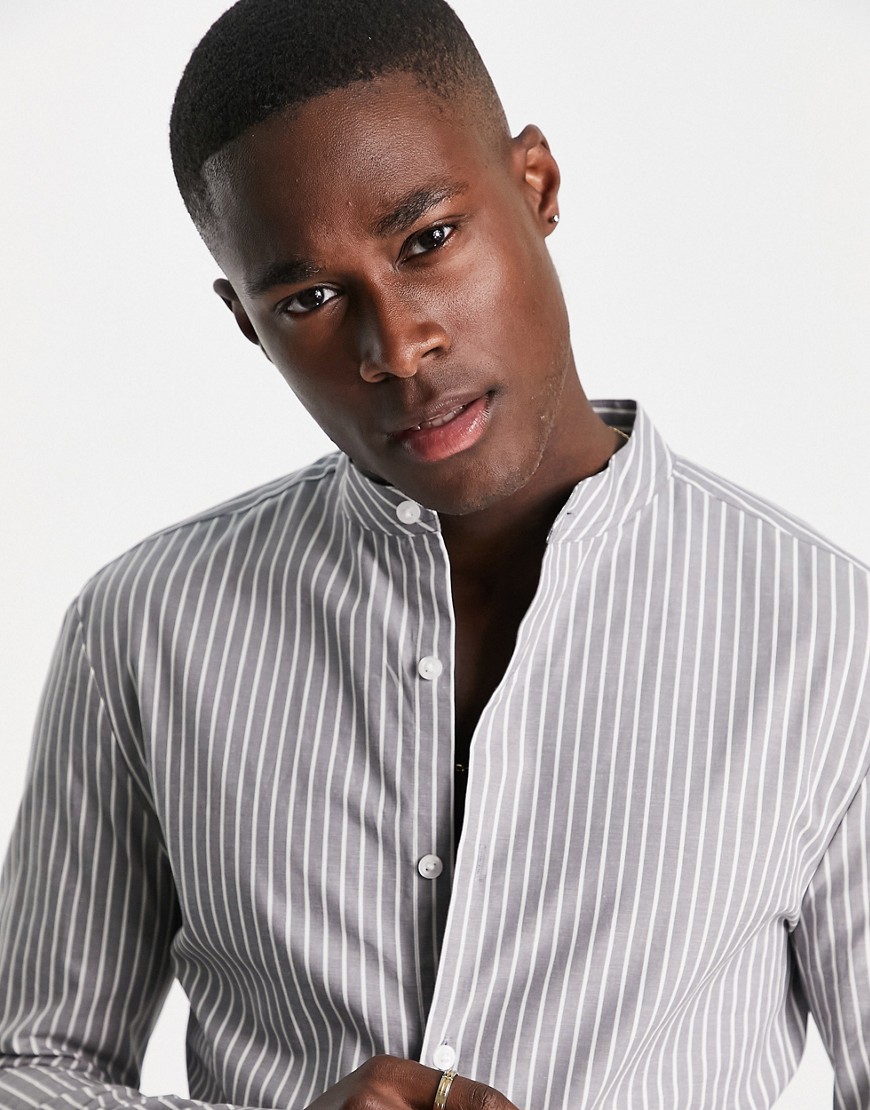 ASOS DESIGN skinny stripe shirt with grandad collar in gray