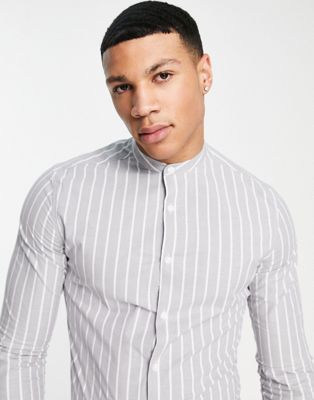 ASOS DESIGN skinny stripe shirt with grandad collar in grey
