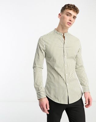 ASOS DESIGN skinny stripe shirt with grandad collar in khaki - ASOS Price Checker