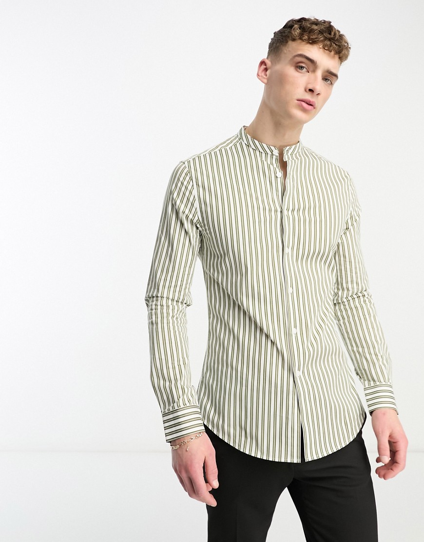 ASOS DESIGN skinny stripe shirt with grandad collar in khaki-Green