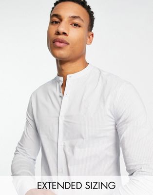 ASOS DESIGN skinny stripe shirt with grandad collar in light blue