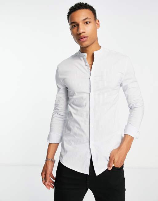 ASOS DESIGN skinny stripe shirt with grandad collar in light blue , 3 of 4