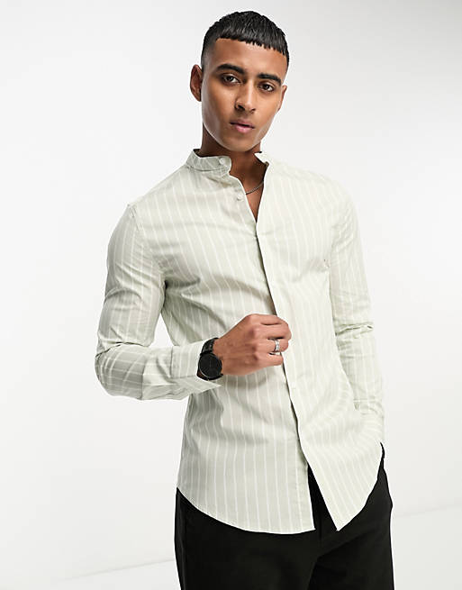 ASOS DESIGN skinny stripe shirt with grandad collar in sage green | ASOS