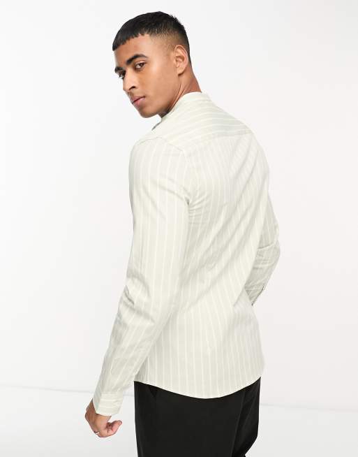 ASOS DESIGN skinny stripe shirt with grandad collar in sage green