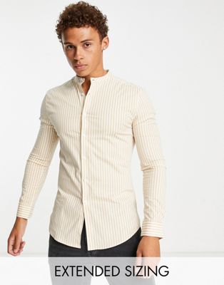 ASOS DESIGN skinny stripe shirt with grandad collar in tan
