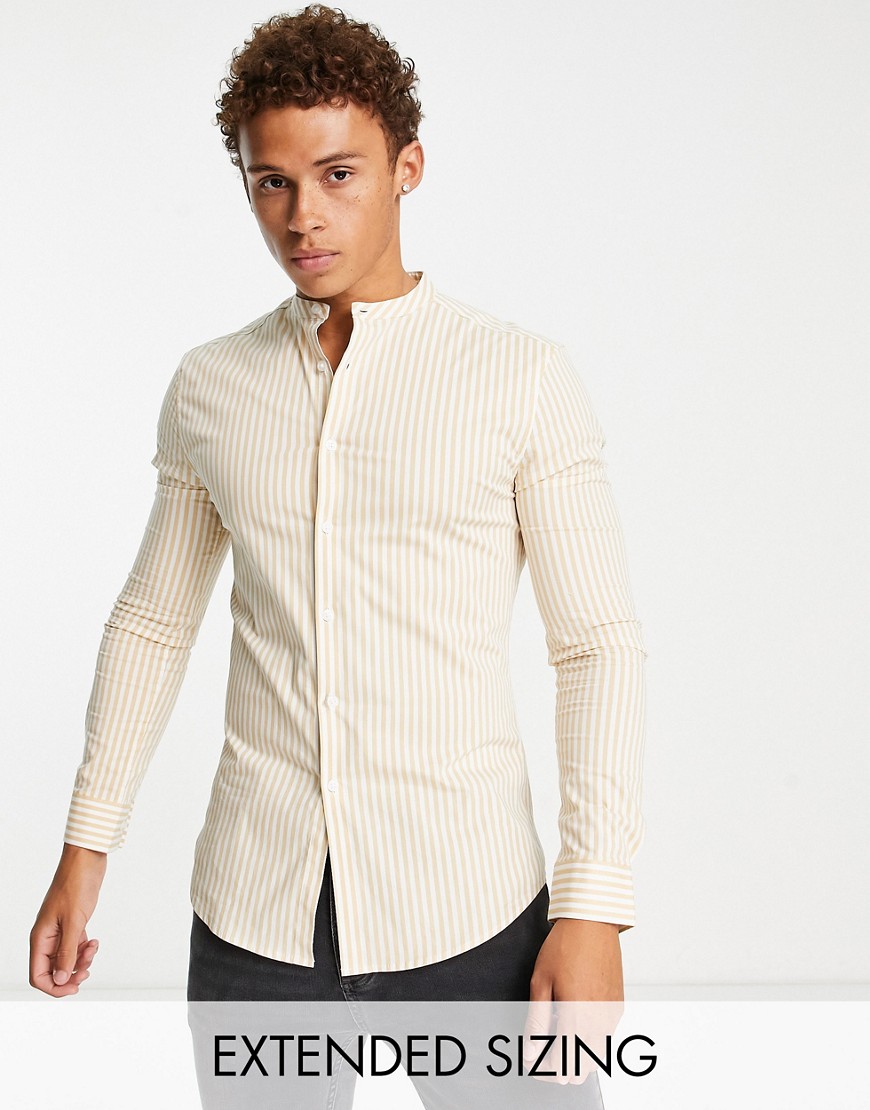 ASOS DESIGN skinny stripe shirt with grandad collar in tan-Neutral