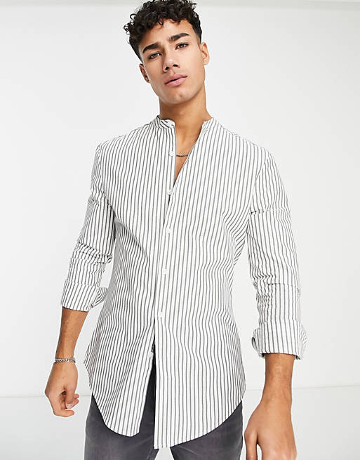 skinny stripe shirt with grandad collar in white & khaki 