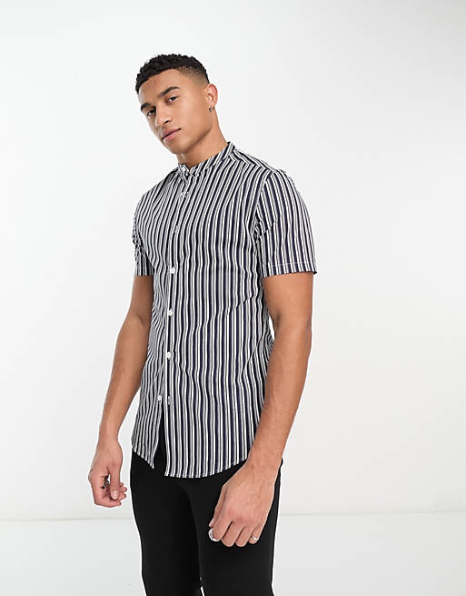 ASOS DESIGN skinny stripe shirt with roll sleeve and grandad collar in ...