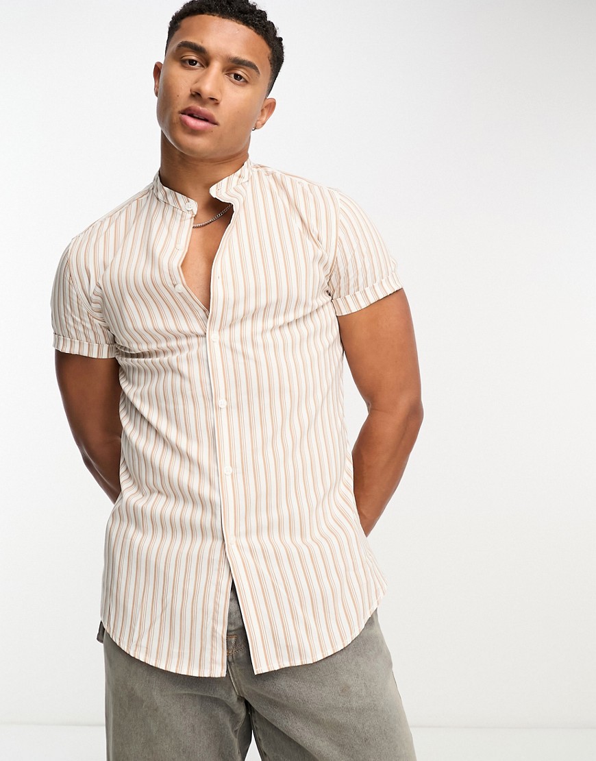 ASOS DESIGN skinny stripe shirt with roll sleeve in tan-Neutral