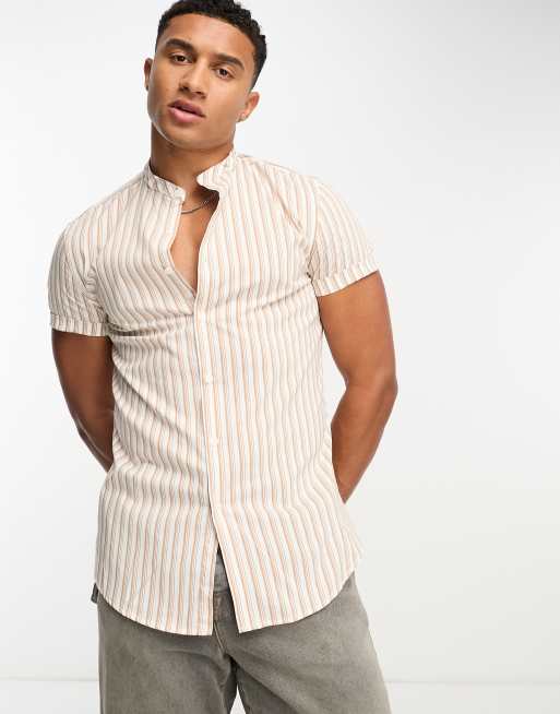ASOS DESIGN skinny stripe shirt with roll sleeve in tan
