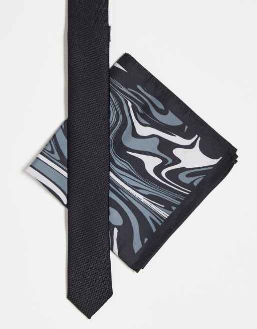 ASOS DESIGN - Skinny stropdas en pochet met wervelprint in zwart en grijs