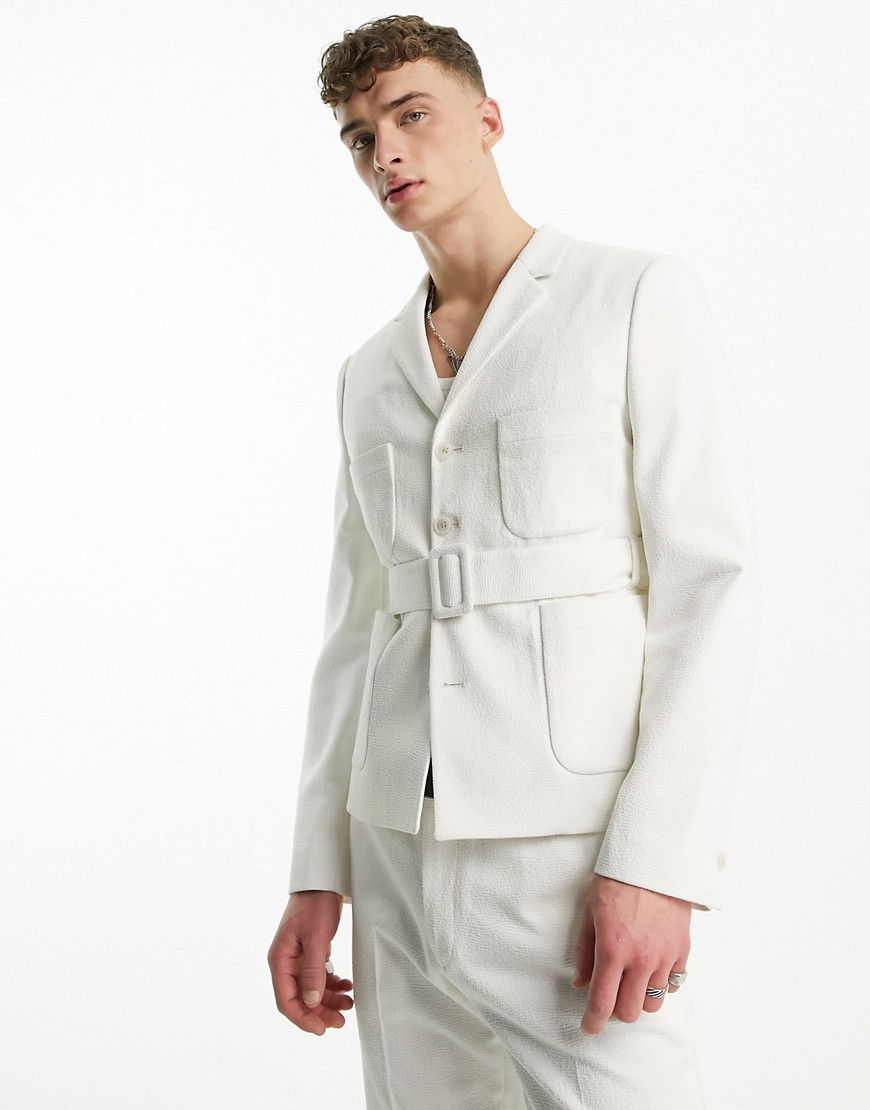ASOS DESIGN skinny suit blazer in white with belt detail