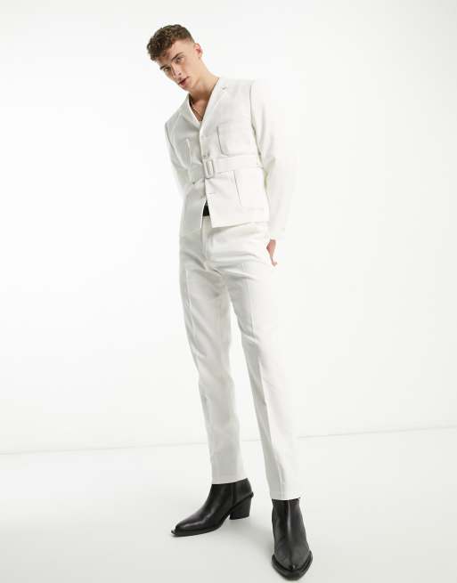 ASOS DESIGN skinny suit blazer in white with belt detail, 3 of 5