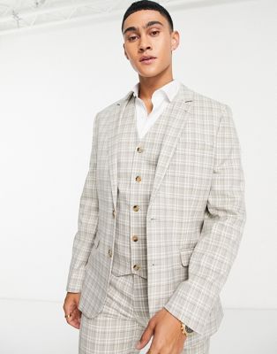 ASOS DESIGN skinny suit jacket in beige and navy highlight grid check  - ASOS Price Checker