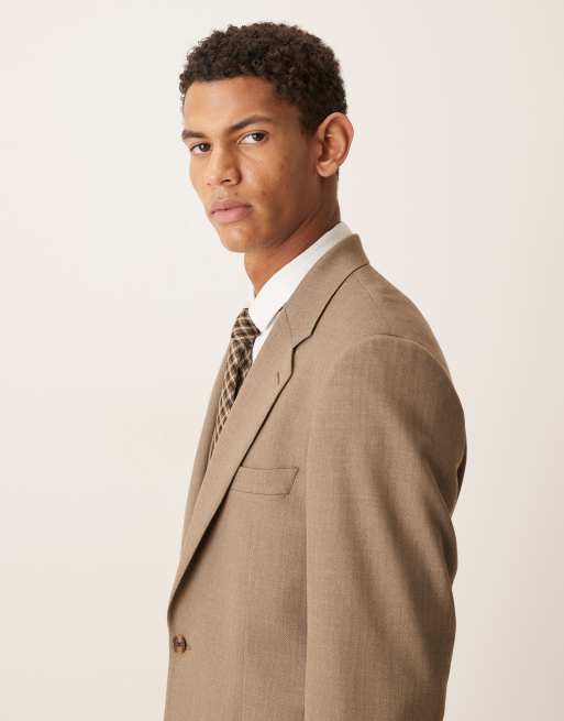 ASOS DESIGN skinny suit jacket in beige wool look herringbone, 4 of 5