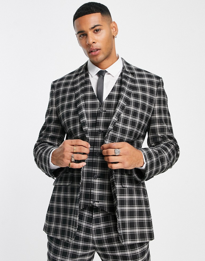 ASOS DESIGN skinny suit jacket in black and beige check