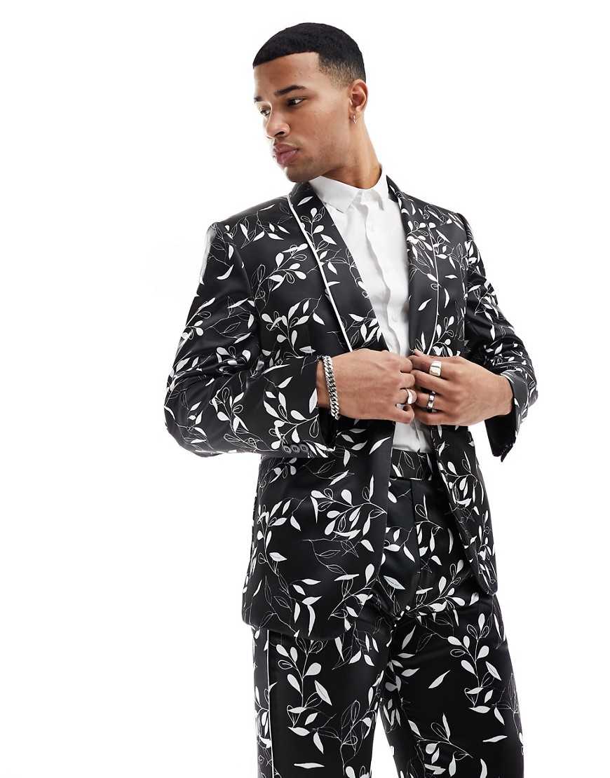 ASOS DESIGN skinny suit jacket in black floral print with white piping