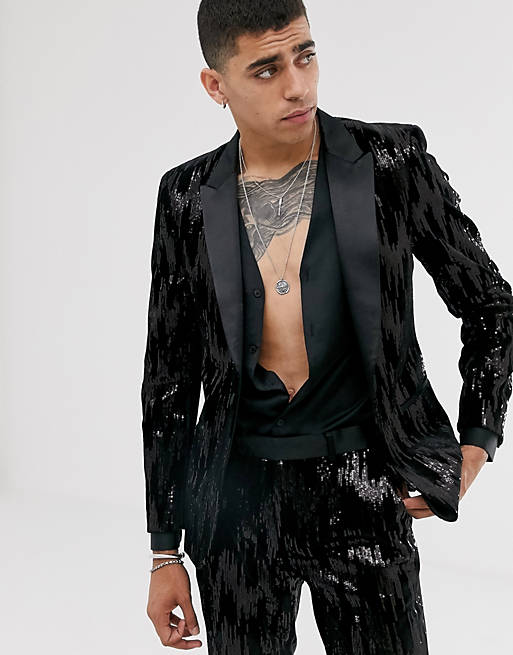 ASOS DESIGN skinny suit jacket in black velvet and sequins