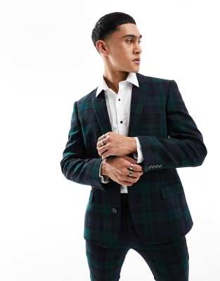 ASOS DESIGN skinny suit jacket in blackwatch check in green - ASOS Price Checker